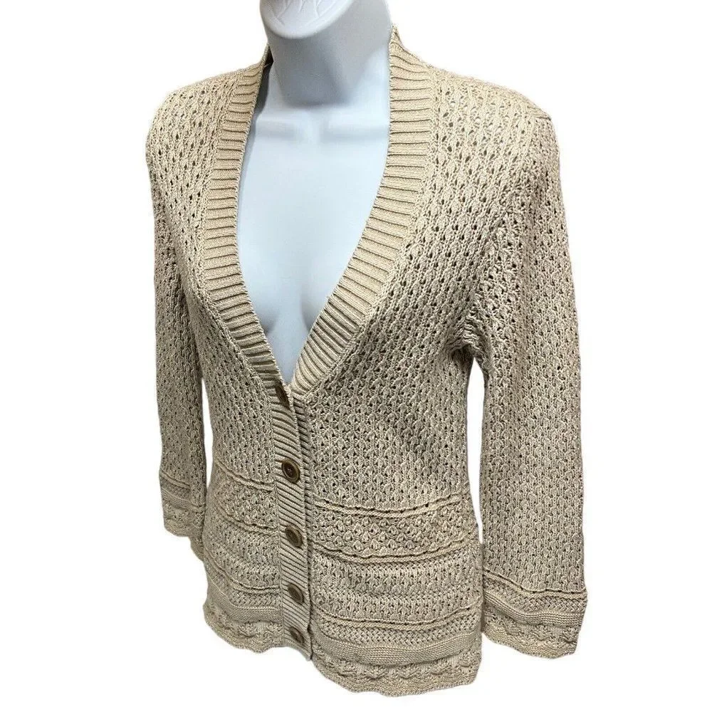 Eddie Bauer Open Knit Cotton Cardigan Sweater‎ Beige Coastal Beachy S
